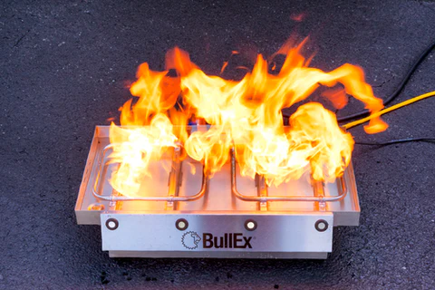 Stainless steel BullEx digital fire training prop producing flames